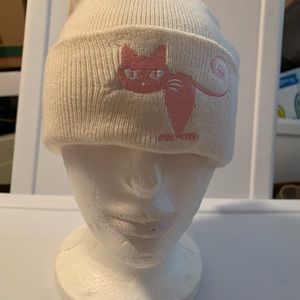 Pink Cat Embroidery White Knit Beanie Ladies NWT Furtalk Adult One Size